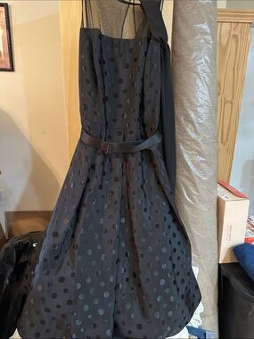 Classic Black Polka Dot Midi Dress with Belted Waist with shawl